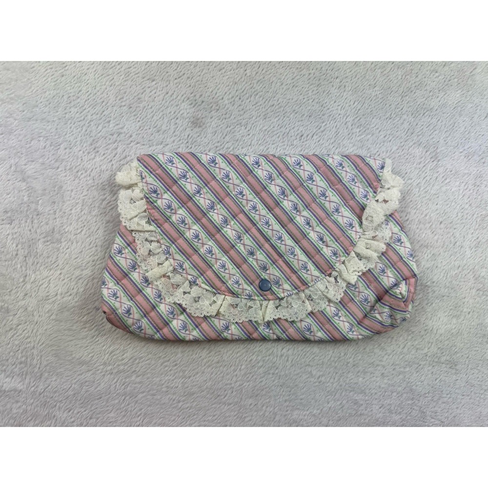 Vintage 1980s Make Up Travel Bag Grandma Cottage Core Lace Pink Washable